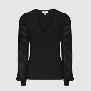Reiss Black V-Neck Sweater with Sheer Sleeves